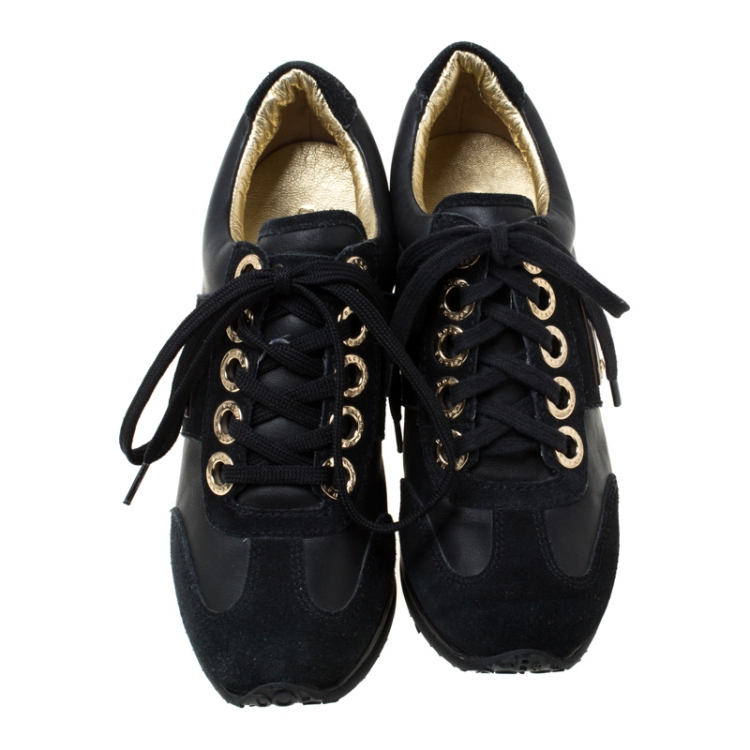 Pre Owned Dolce and Gabbana Black Leather and Suede Lace Up Wedge Sneakers Size 35