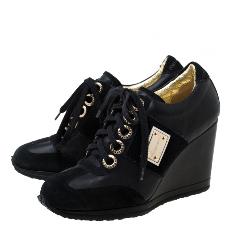 Pre Owned Dolce and Gabbana Black Leather and Suede Lace Up Wedge Sneakers Size 35