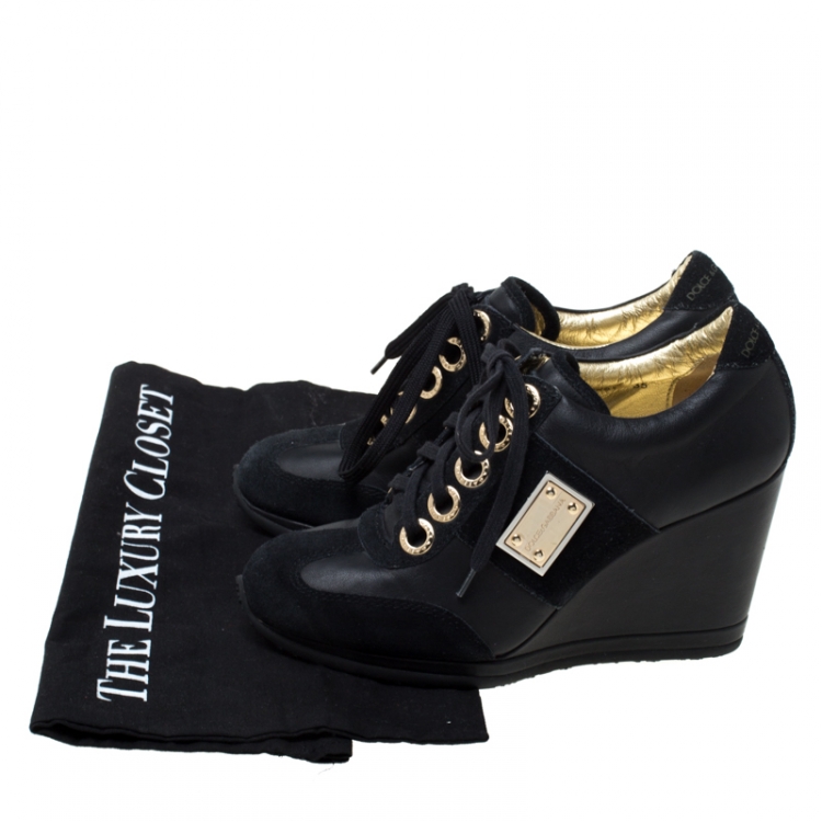 Pre Owned Dolce and Gabbana Black Leather and Suede Lace Up Wedge Sneakers Size 35