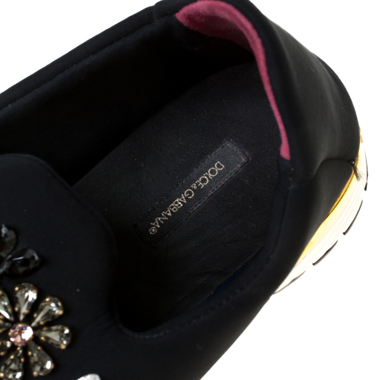 مملوكة مسبقًا Dolce and Gabbana Multicolor Crystal Embellished Satin Neoprene Platfrom Slip On Sneakers Size 39