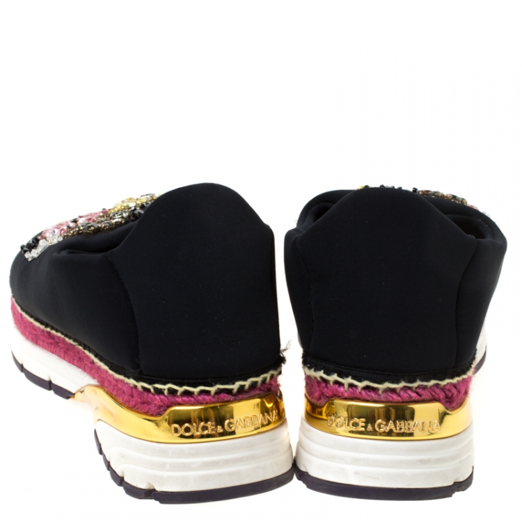 مملوكة مسبقًا Dolce and Gabbana Multicolor Crystal Embellished Satin Neoprene Platfrom Slip On Sneakers Size 39