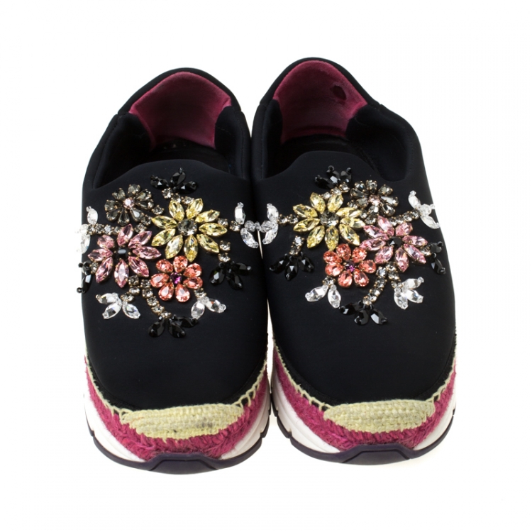 مملوكة مسبقًا Dolce and Gabbana Multicolor Crystal Embellished Satin Neoprene Platfrom Slip On Sneakers Size 39