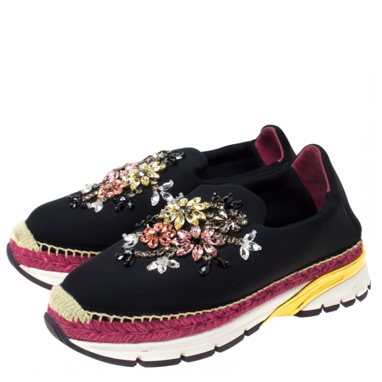 مملوكة مسبقًا Dolce and Gabbana Multicolor Crystal Embellished Satin Neoprene Platfrom Slip On Sneakers Size 39