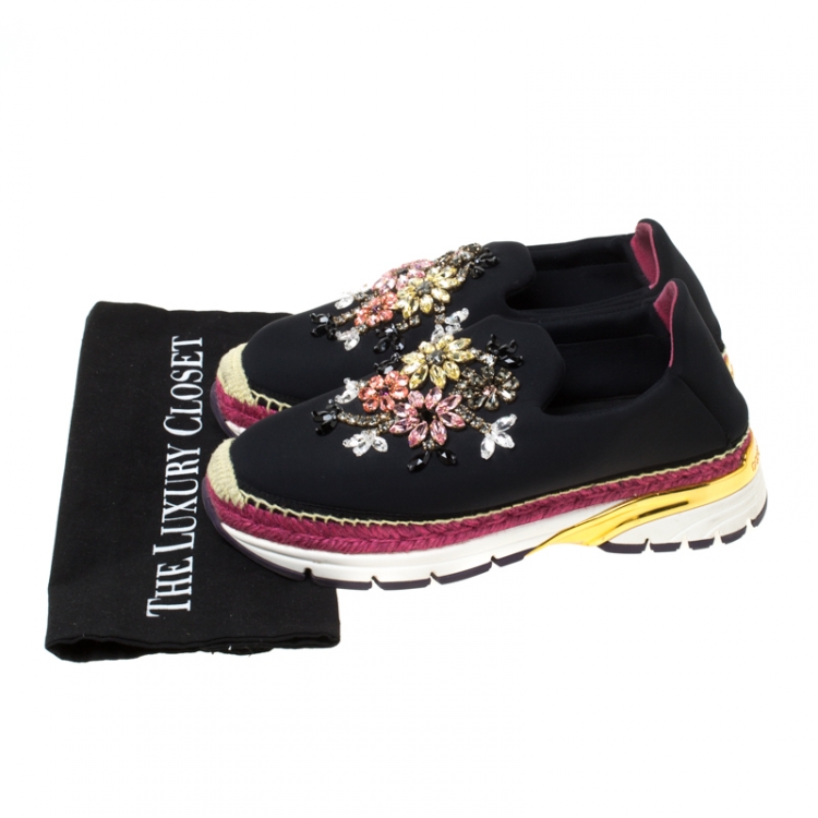 مملوكة مسبقًا Dolce and Gabbana Multicolor Crystal Embellished Satin Neoprene Platfrom Slip On Sneakers Size 39