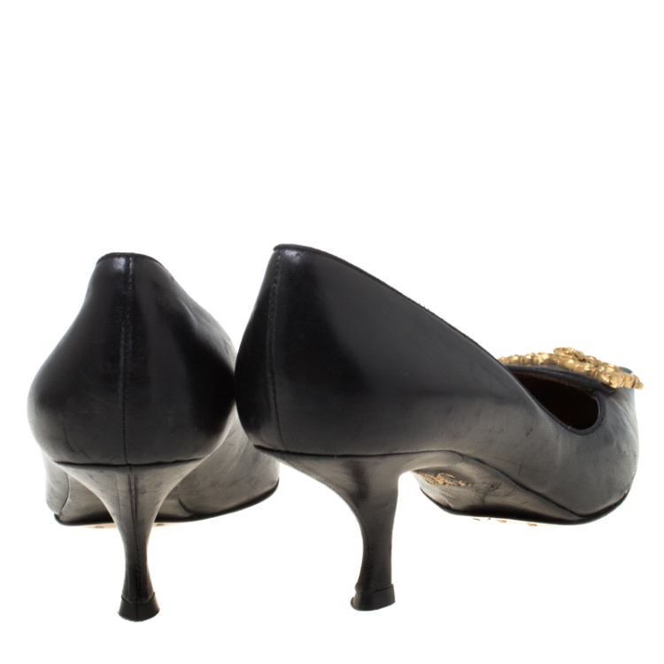 Pre Owned Dolce and Gabbana Black Leather Logo Detail Pumps Size 37.5