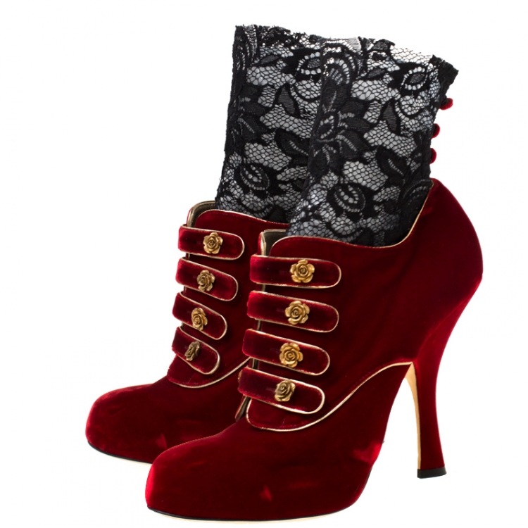 Pre Owned Dolce & Gabanna Red/Black Velvet and Lace Socks Platform Ankle Boots Size 40