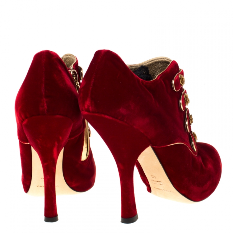 Pre Owned Dolce & Gabanna Red/Black Velvet and Lace Socks Platform Ankle Boots Size 40