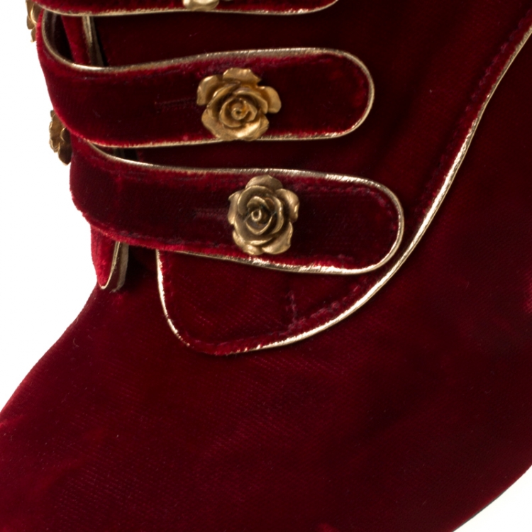 Pre Owned Dolce & Gabanna Red/Black Velvet and Lace Socks Platform Ankle Boots Size 40