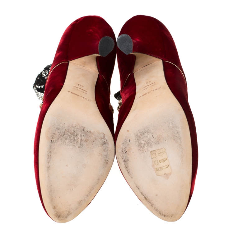 Pre Owned Dolce & Gabanna Red/Black Velvet and Lace Socks Platform Ankle Boots Size 40