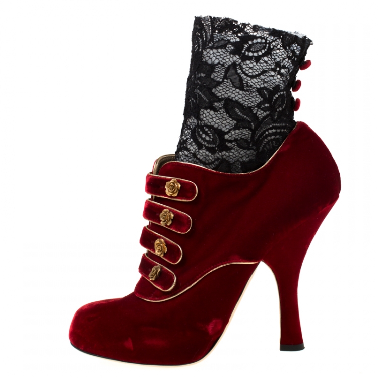 Dolce & Gabanna Red/Black Velvet and Lace Socks Platform Ankle Boots Size  40 Dolce & Gabbana | TLC