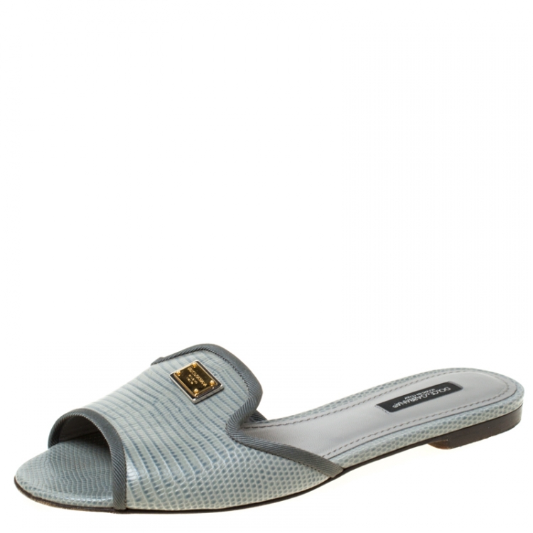 Pre Owned Dolce and Gabbana Grey Lizard Embossed Leather Sofia Slides Size 36.5