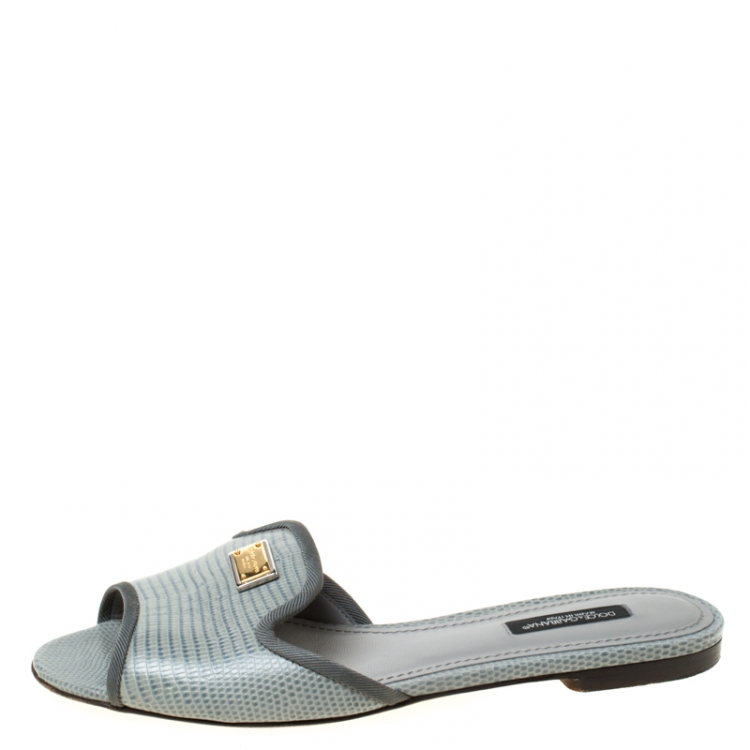 Pre Owned Dolce and Gabbana Grey Lizard Embossed Leather Sofia Slides Size 36.5