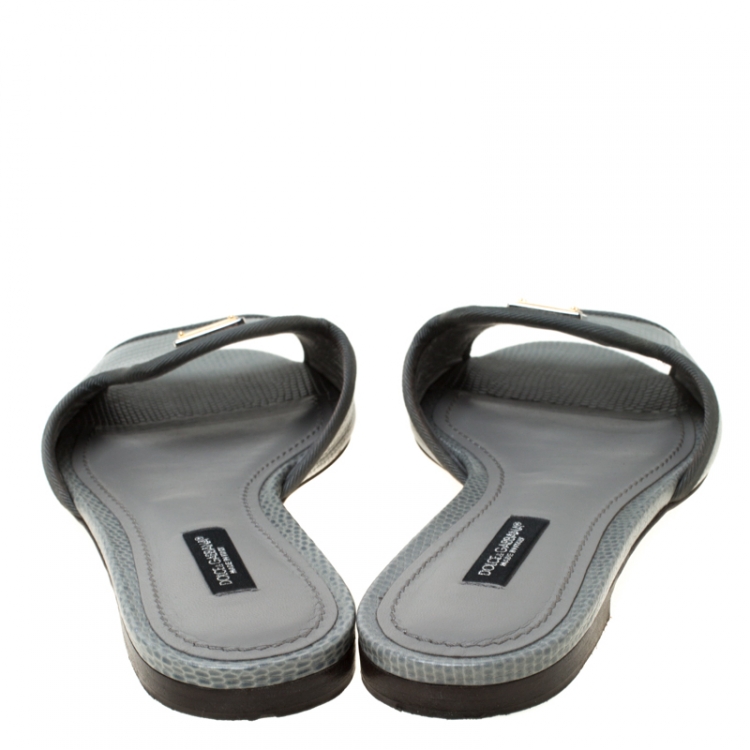Pre Owned Dolce and Gabbana Grey Lizard Embossed Leather Sofia Slides Size 36.5