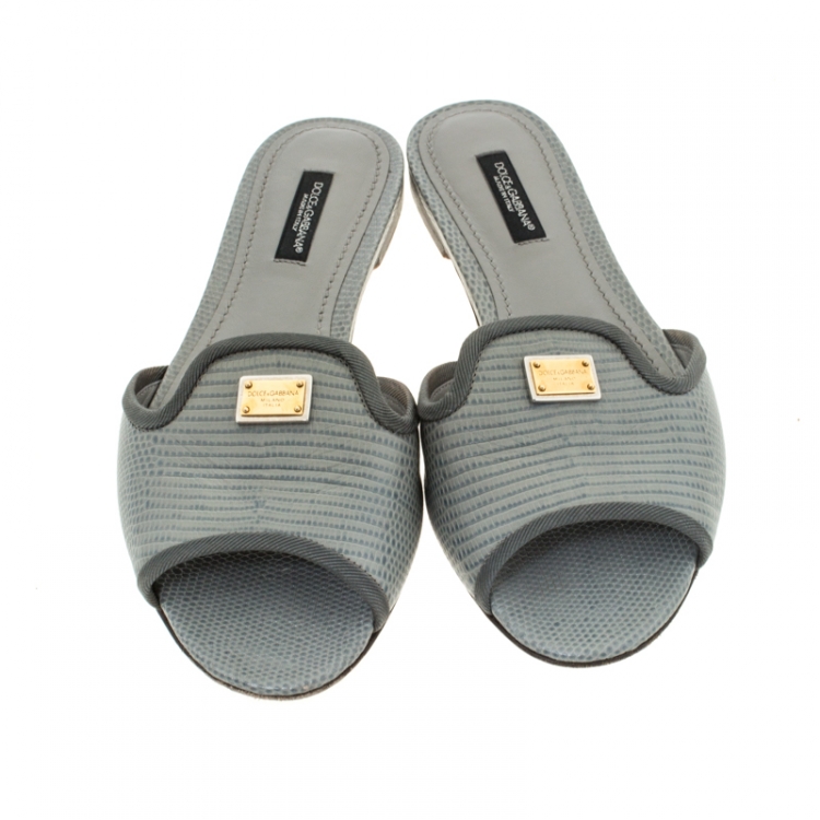 Pre Owned Dolce and Gabbana Grey Lizard Embossed Leather Sofia Slides Size 36.5