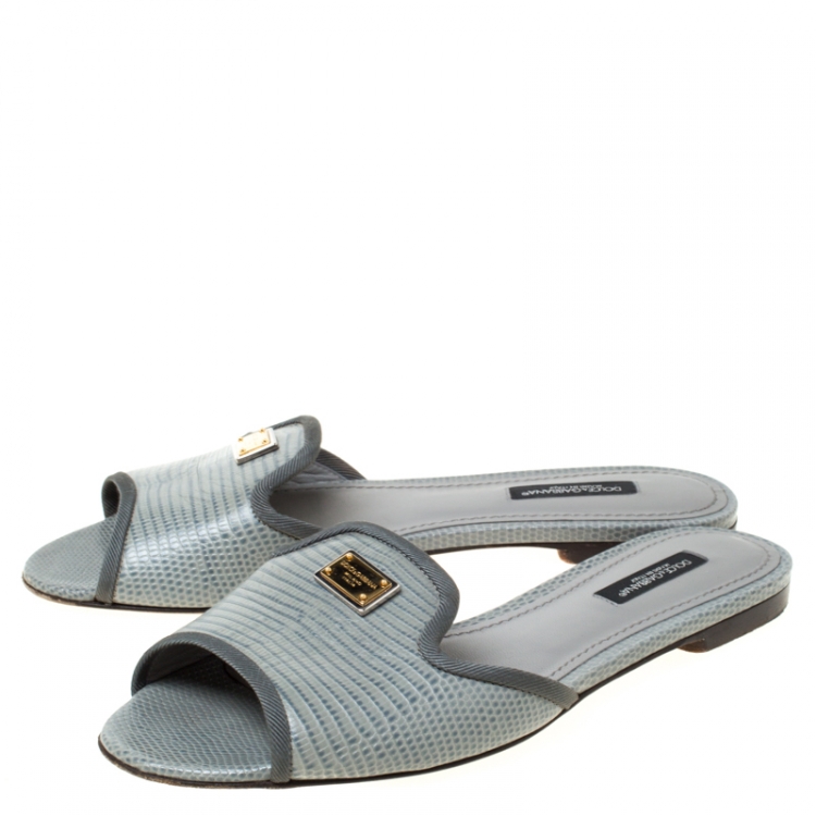 Pre Owned Dolce and Gabbana Grey Lizard Embossed Leather Sofia Slides Size 36.5