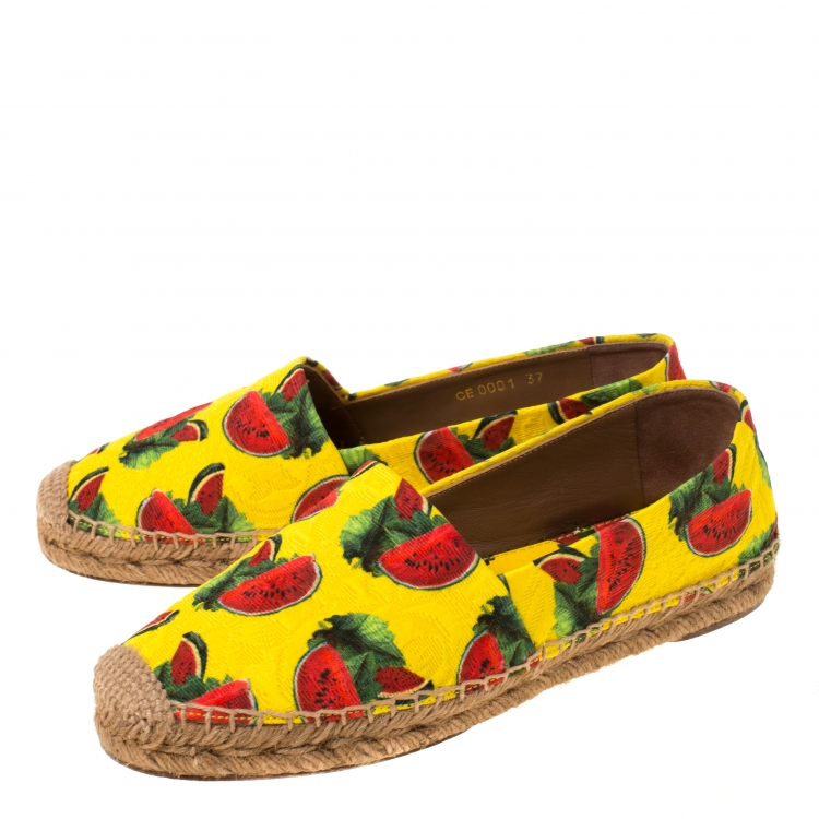 Pre Owned Dolce and Gabbana Yellow/Red Watermelon Print Canvas Espadrilles Size 37