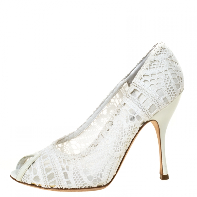 Pre Owned Dolce and Gabbana White Lace Peep Toe Pumps Size 39