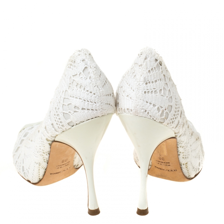 Pre Owned Dolce and Gabbana White Lace Peep Toe Pumps Size 39
