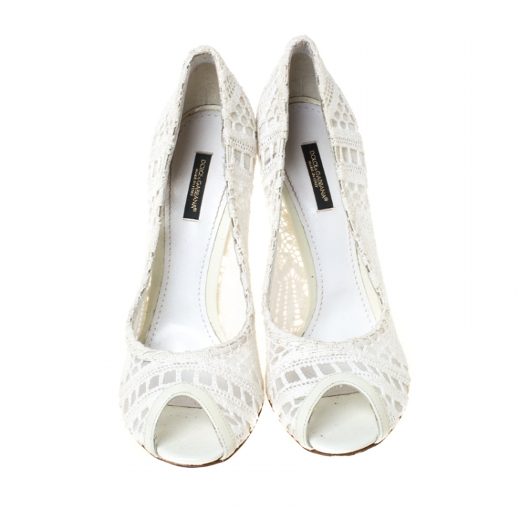 Pre Owned Dolce and Gabbana White Lace Peep Toe Pumps Size 39