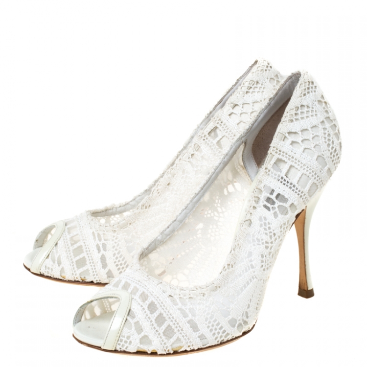Pre Owned Dolce and Gabbana White Lace Peep Toe Pumps Size 39