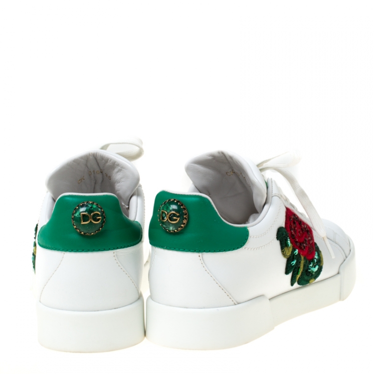 Pre Owned Dolce and Gabbana White Leather Flower Embellished Lace Up Sneakers Size 35