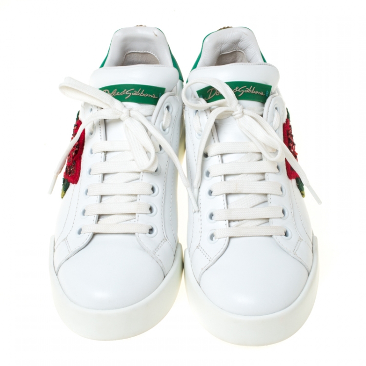 Pre Owned Dolce and Gabbana White Leather Flower Embellished Lace Up Sneakers Size 35