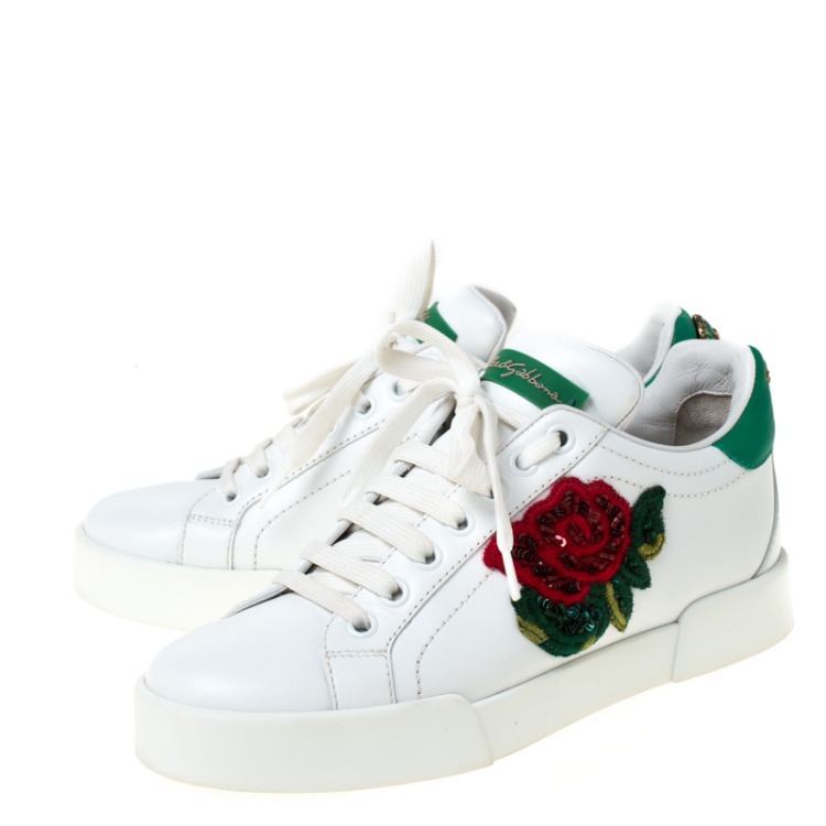 Pre Owned Dolce and Gabbana White Leather Flower Embellished Lace Up Sneakers Size 35