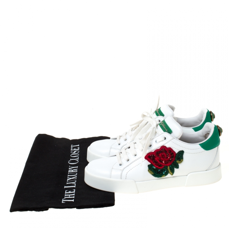 Pre Owned Dolce and Gabbana White Leather Flower Embellished Lace Up Sneakers Size 35