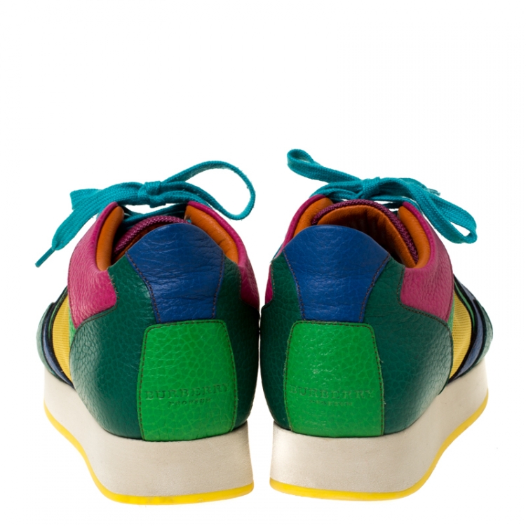Pre Owned Burberry Multicolor Leather And Mesh Lace Up Sneakers Size 37.5