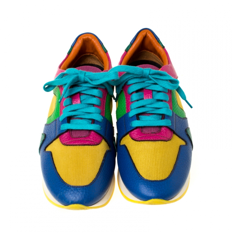 Pre Owned Burberry Multicolor Leather And Mesh Lace Up Sneakers Size 37.5