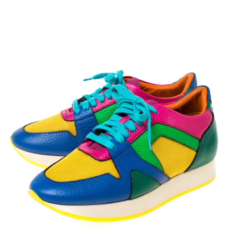 Pre Owned Burberry Multicolor Leather And Mesh Lace Up Sneakers Size 37.5