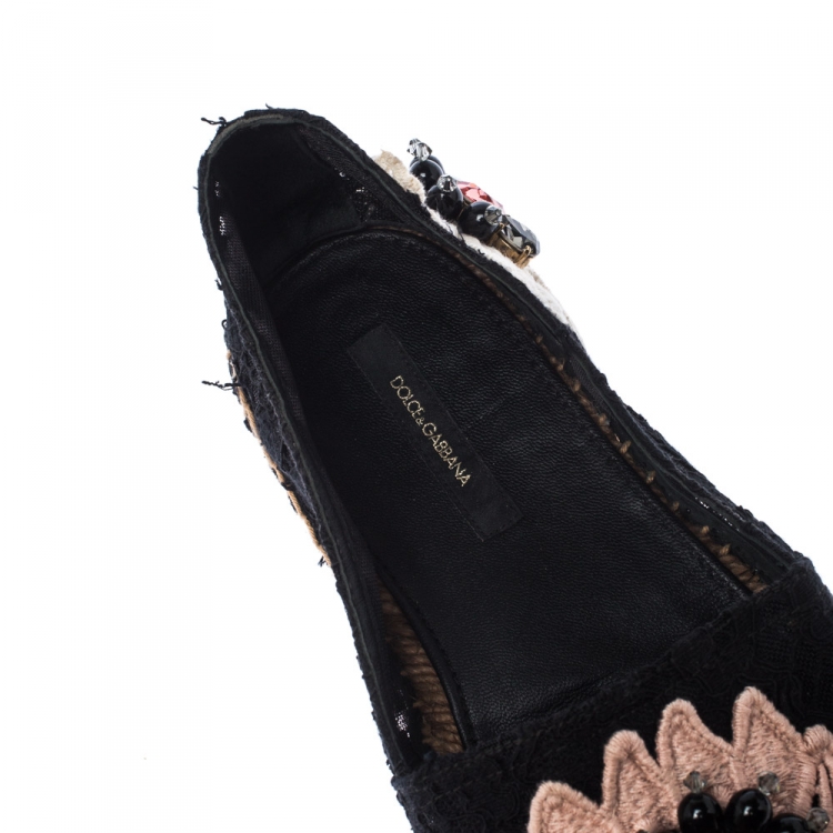 Pre Owned Dolce and Gabbana Black Lace Floral Embellished Slip On Espadrilles Size 40