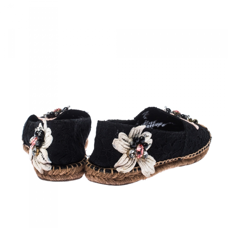 Pre Owned Dolce and Gabbana Black Lace Floral Embellished Slip On Espadrilles Size 40