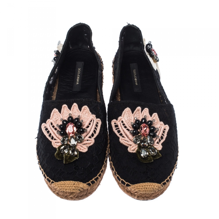 Pre Owned Dolce and Gabbana Black Lace Floral Embellished Slip On Espadrilles Size 40