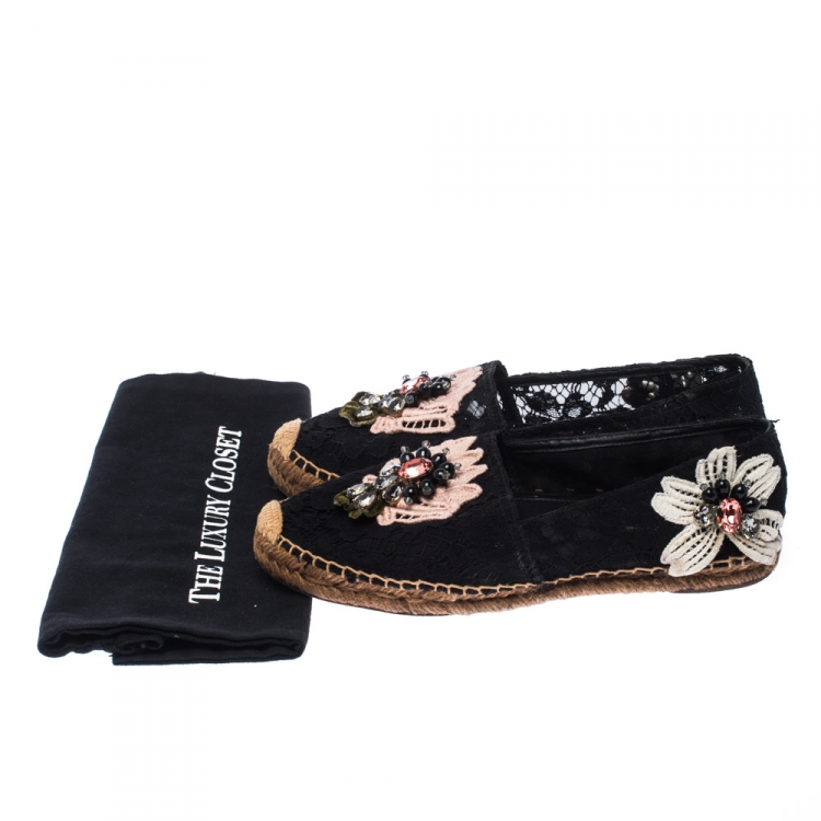 Pre Owned Dolce and Gabbana Black Lace Floral Embellished Slip On Espadrilles Size 40