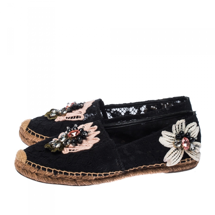 Pre Owned Dolce and Gabbana Black Lace Floral Embellished Slip On Espadrilles Size 40
