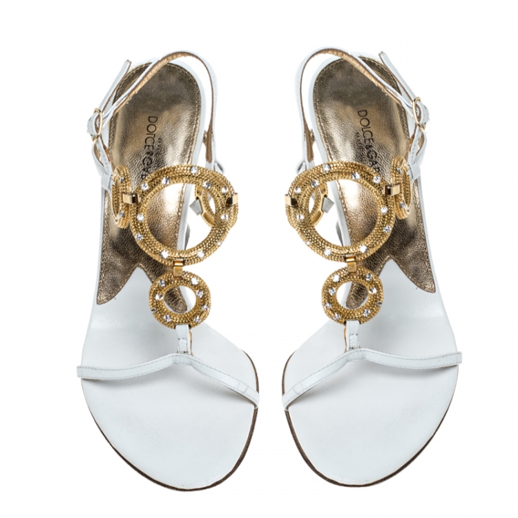 Pre Owned Dolce & Gabbana White Leather Embellished Sandals Size 36.5