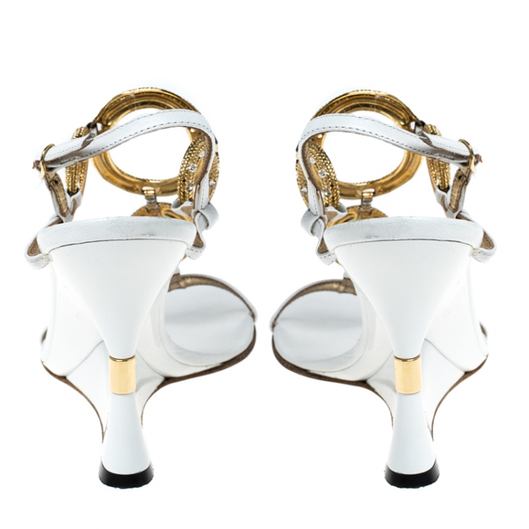 Pre Owned Dolce & Gabbana White Leather Embellished Sandals Size 36.5