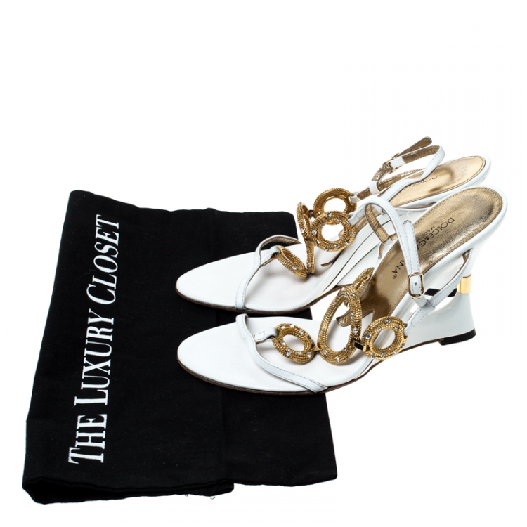 Pre Owned Dolce & Gabbana White Leather Embellished Sandals Size 36.5