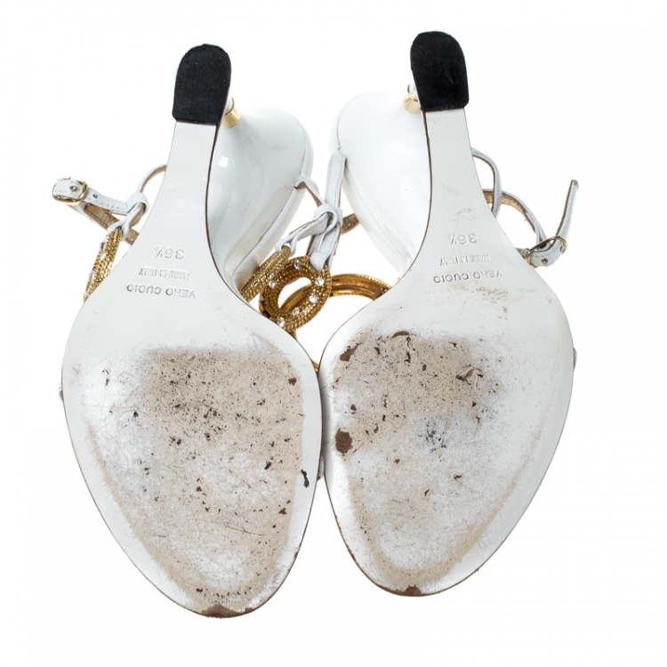 Pre Owned Dolce & Gabbana White Leather Embellished Sandals Size 36.5