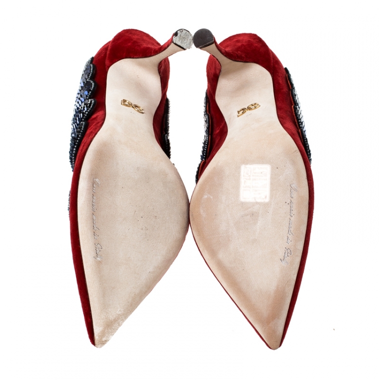 Pre Owned Dolce & Gabanna Red Lori Velvet Heart Embroidered Pointed Toe Pumps Size 40