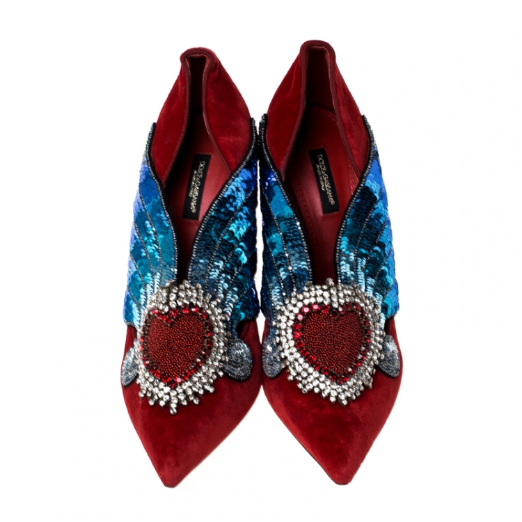Pre Owned Dolce & Gabanna Red Lori Velvet Heart Embroidered Pointed Toe Pumps Size 40