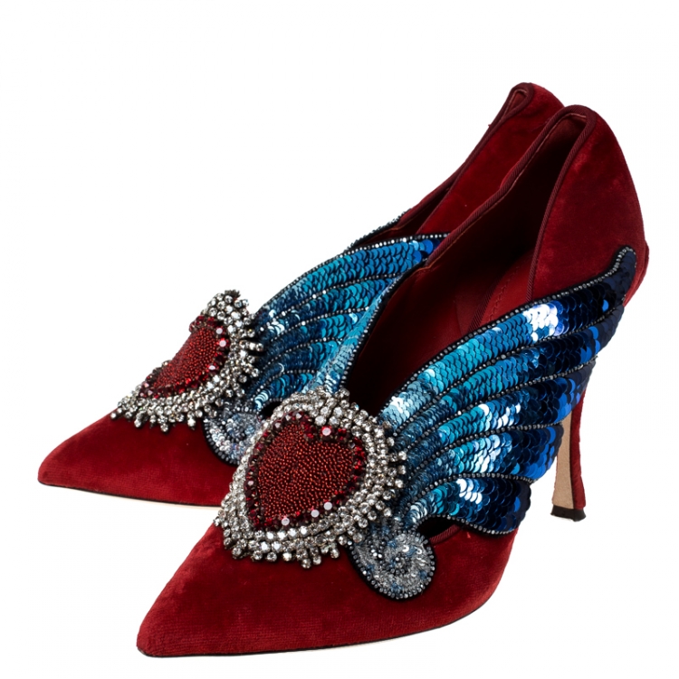 Pre Owned Dolce & Gabanna Red Lori Velvet Heart Embroidered Pointed Toe Pumps Size 40