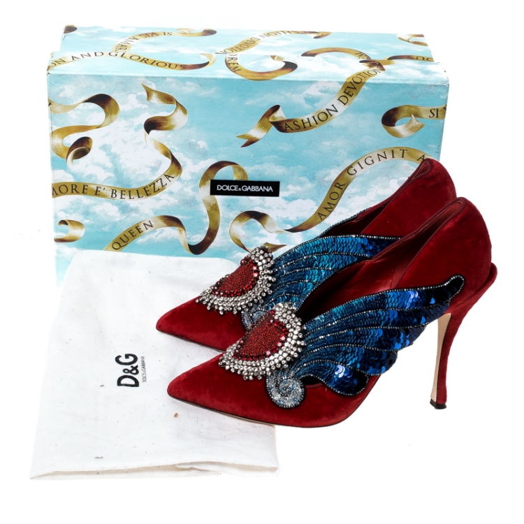 Pre Owned Dolce & Gabanna Red Lori Velvet Heart Embroidered Pointed Toe Pumps Size 40