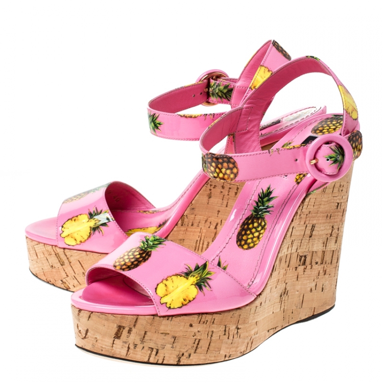 Pre Owned Dolce And Gabbana Pink Patent Leather Pineapple Cork Wedge Platform Ankle Strap Sandals Size 40