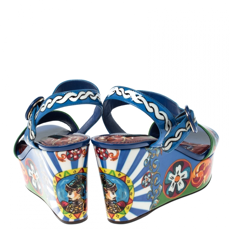 Pre Owned Dolce and Gabbana Multicolor Print Patent Leather Ankle Strap Platform Wedge Sandals Size 38