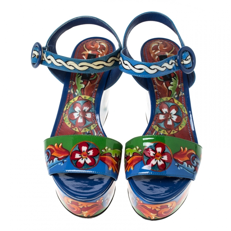 Pre Owned Dolce and Gabbana Multicolor Print Patent Leather Ankle Strap Platform Wedge Sandals Size 38