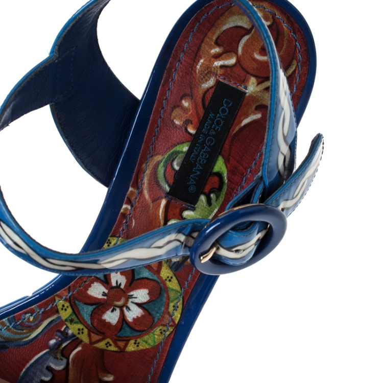Pre Owned Dolce and Gabbana Multicolor Print Patent Leather Ankle Strap Platform Wedge Sandals Size 38