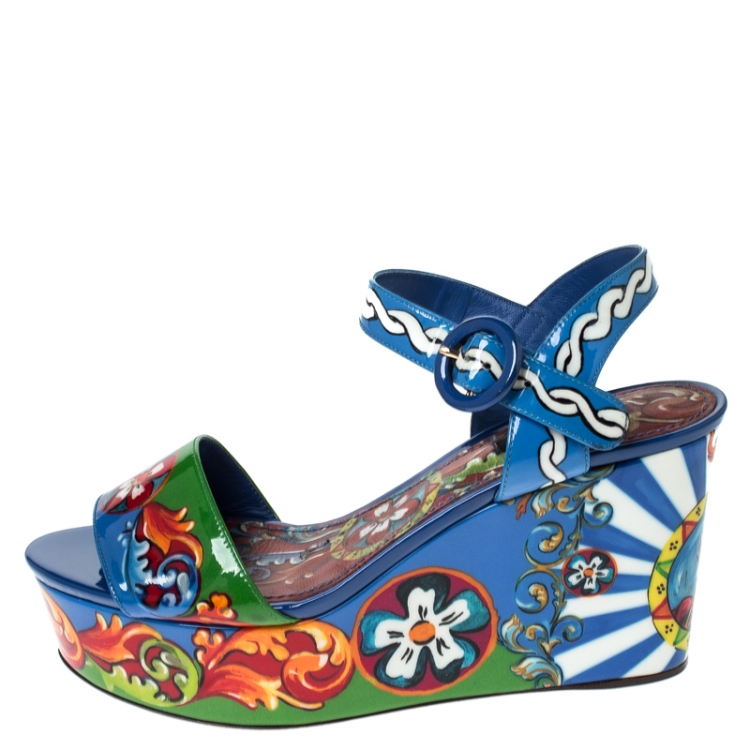 Pre Owned Dolce and Gabbana Multicolor Print Patent Leather Ankle Strap Platform Wedge Sandals Size 38