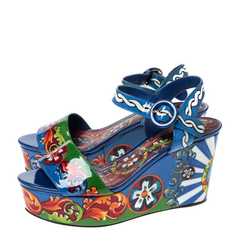 Pre Owned Dolce and Gabbana Multicolor Print Patent Leather Ankle Strap Platform Wedge Sandals Size 38